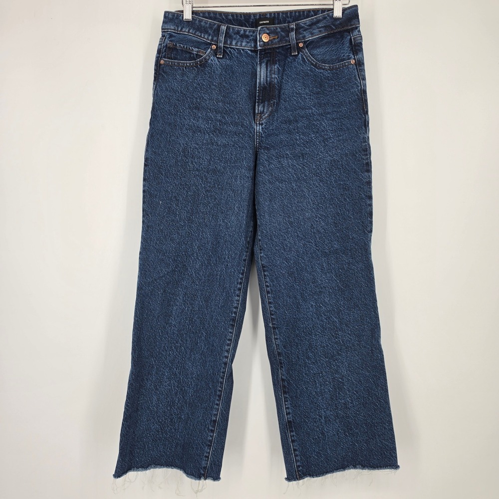 Express Wide Leg Jeans Womens 8 Short Dark Wash High Rise Raw Hem Rigid Stretch